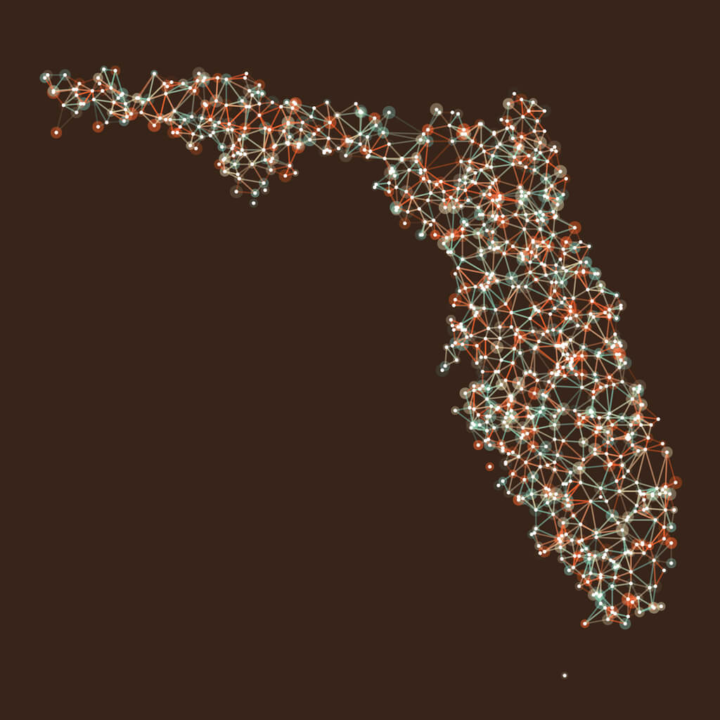 Florida with pretty gold and red abstract dots on it, representing a population