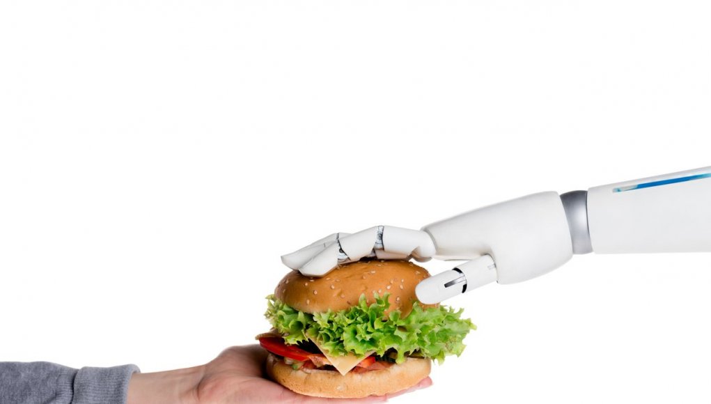 Robot passing a burger to a human
