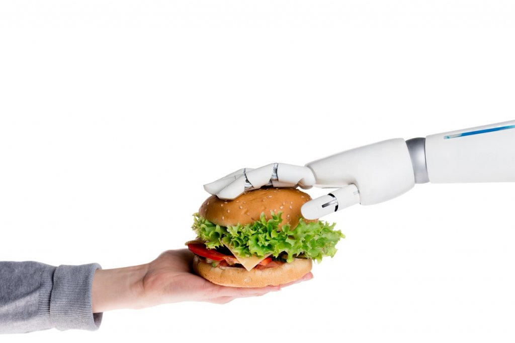 Robot passing a burger to a human