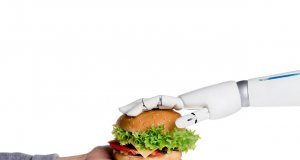 Robot passing a burger to a human