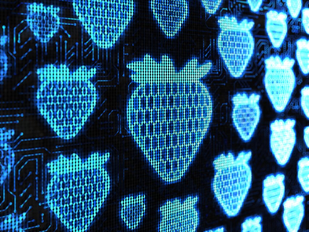 Digital looking strawberries, in blue