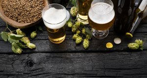 Beer glasses on a table, surrounded by decorative greens and a bowl of something to munch on