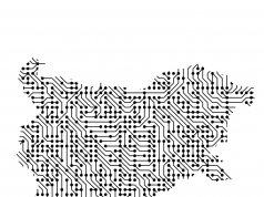 Bulgaria, black and white dots and lines criss-cross the shape of the country