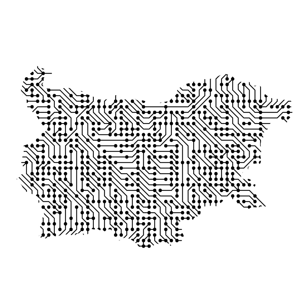 Bulgaria, black and white dots and lines criss-cross the shape of the country