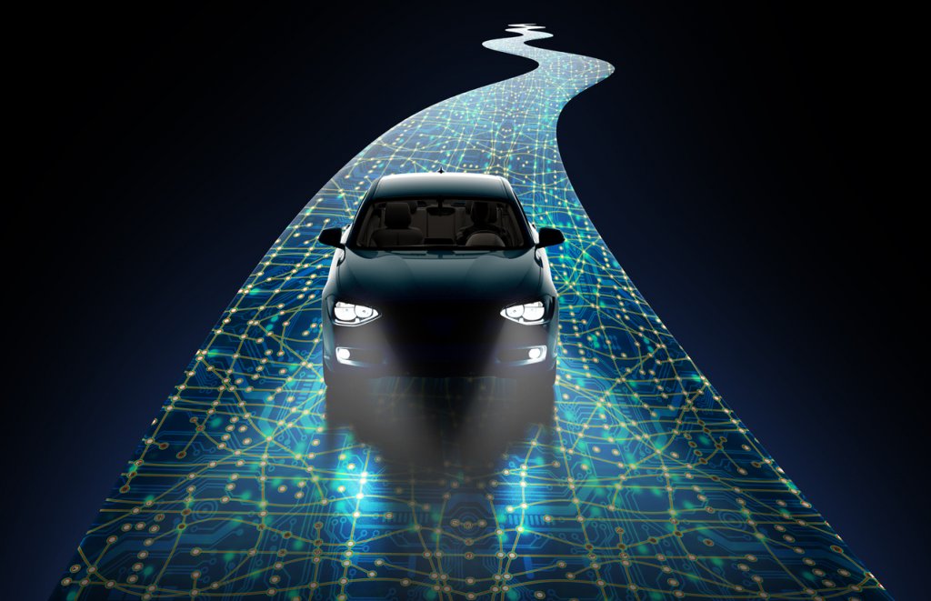 Self driving car in a digitized, ice blue roadway