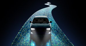 Self driving car in a digitized, ice blue roadway