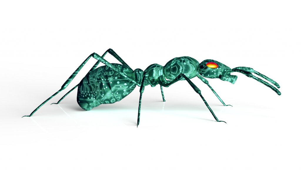 3D looking design of an ant. Ant has 6 legs, and redish yellow eyes