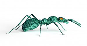 3D looking design of an ant. Ant has 6 legs, and redish yellow eyes