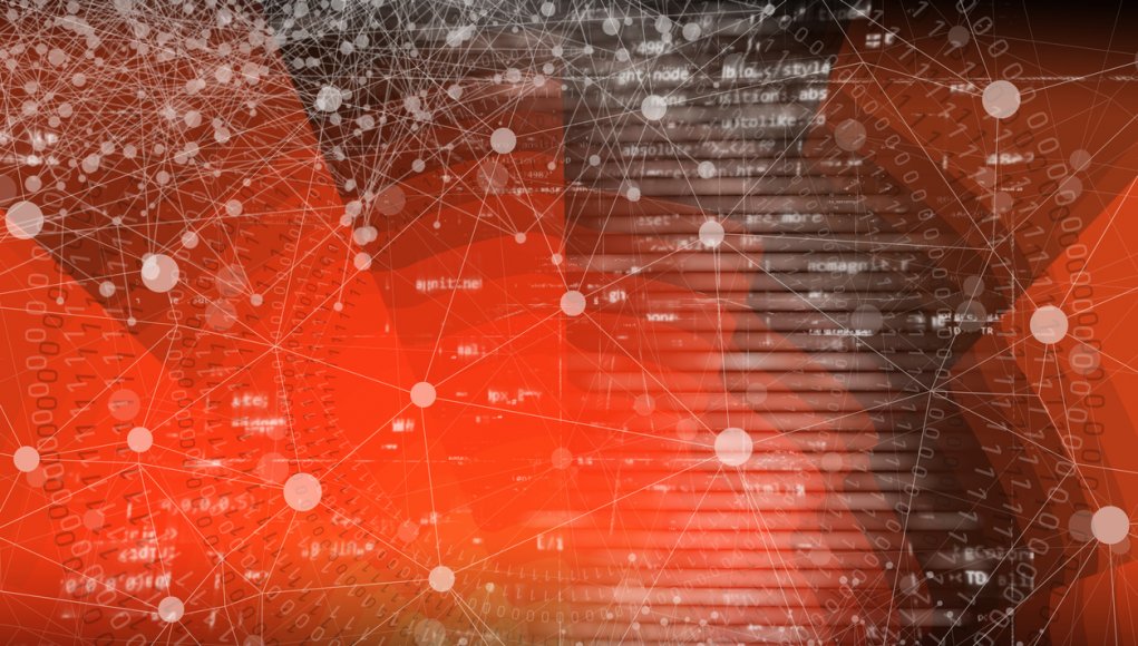 Abstract red image with digital white dots and black overlay