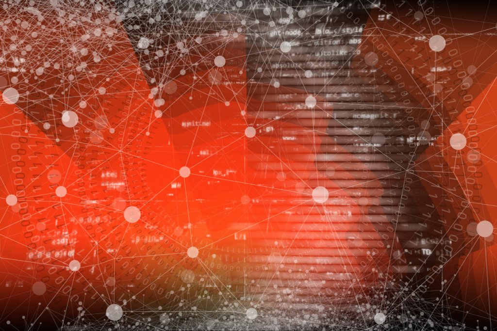 Abstract red image with digital white dots and black overlay