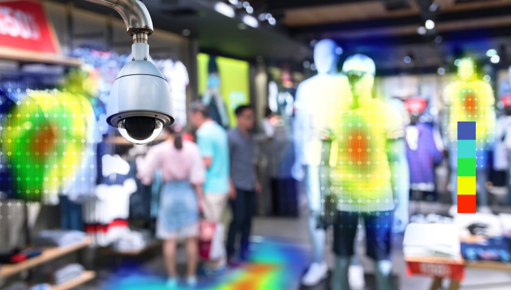 Heatmap Analytic in smart fashion retail shop technology concept. Artificial intelligence cctv of security camera with heat sense application check shoppers passed from any point in store.