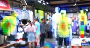 Heatmap Analytic in smart fashion retail shop technology concept. Artificial intelligence cctv of security camera with heat sense application check shoppers passed from any point in store.