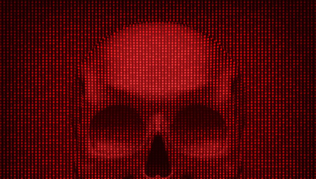Binary codes and skull. Abstract conceptual background for computer security risk