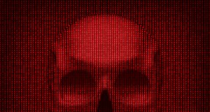 Binary codes and skull. Abstract conceptual background for computer security risk