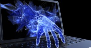Stealing personal data through a laptop concept for computer hacker, network security and electronic banking security