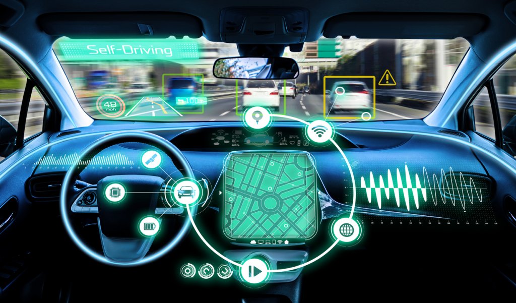 cockpit of autonomous car. self driving vehicle.