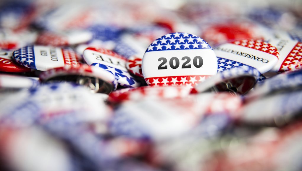 Closeup of election vote button with text that says 2020