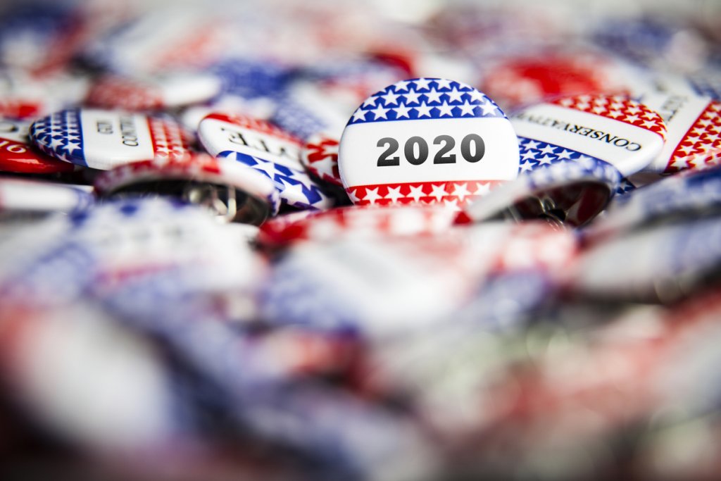 Closeup of election vote button with text that says 2020