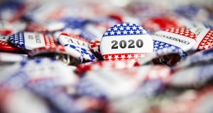 Closeup of election vote button with text that says 2020