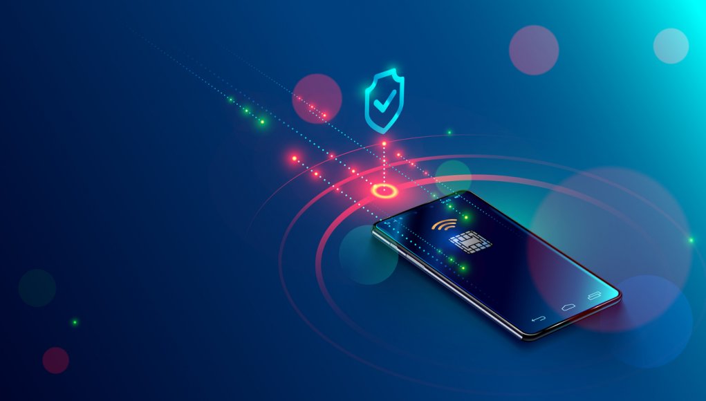 Mobile payment concept isometric banner. Security and protection contactless payment or via mobile phone with nfc chip. Shopping through smartphone with near field communication card