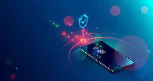 Mobile payment concept isometric banner. Security and protection contactless payment or via mobile phone with nfc chip. Shopping through smartphone with near field communication card