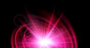Flash, blast wave with red light effect. Explosion isolated on black background. Magic glow sparkling star