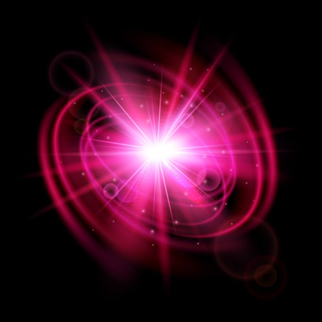 Flash, blast wave with red light effect. Explosion isolated on black background. Magic glow sparkling star