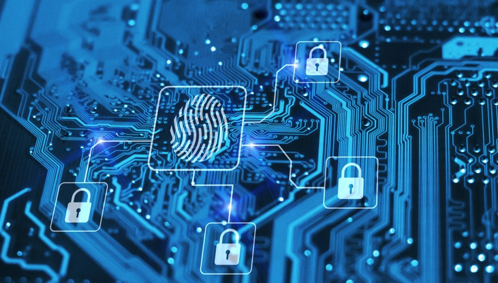 Fingerprint login authorization and cyber security concept. Blue integrated circuit with locks on background. Control access and authentication online.