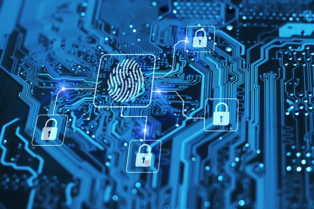 Fingerprint login authorization and cyber security concept. Blue integrated circuit with locks on background. Control access and authentication online.