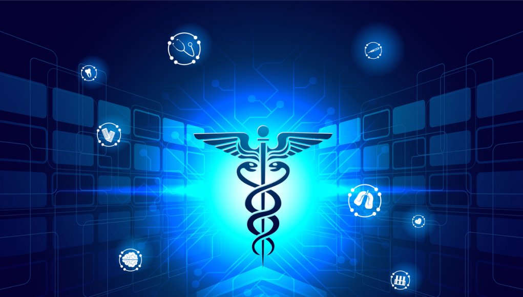 Medical biotechnology innovation concept, illustration of caduceus symbol for medical services app on shiny blue sci-fi background