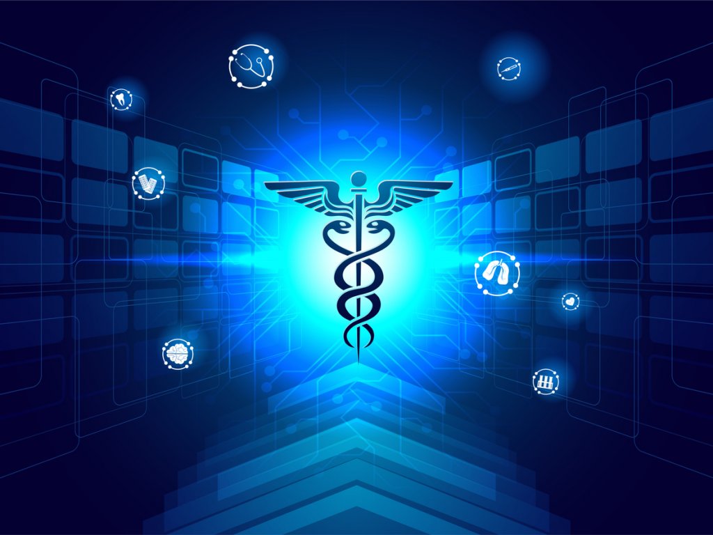 Medical biotechnology innovation concept, illustration of caduceus symbol for medical services app on shiny blue sci-fi background