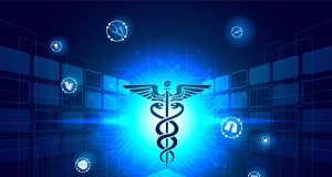 Medical biotechnology innovation concept, illustration of caduceus symbol for medical services app on shiny blue sci-fi background