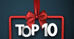 Top 10. Card with red satin bow. Vector background.