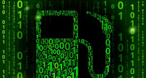 Gas Pump Binary Code Vector Pattern Background. The main symbol depicted is made up of the binary code zero and one pattern and is in the center of the illustration. The numbers are in bright green color. The rest of the image is filled with a binary code background.