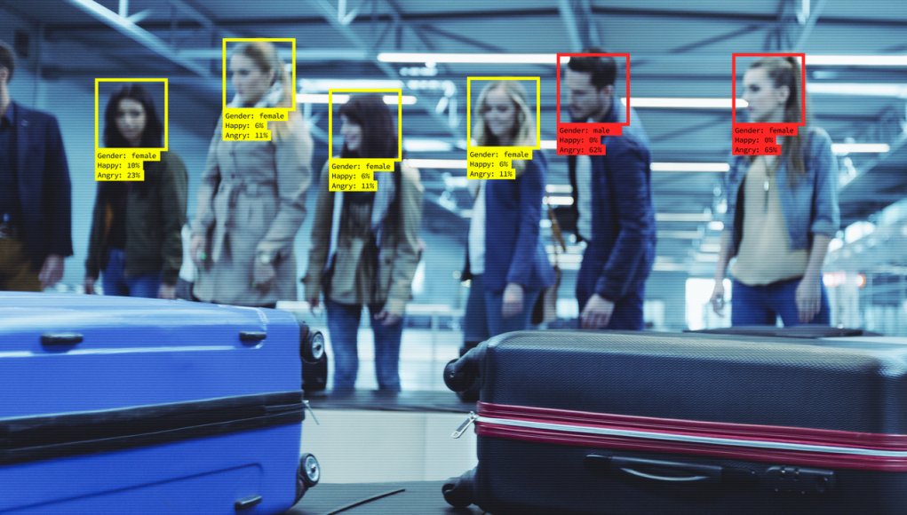 Facial Recognition System at the Airport. People waiting for luggage.