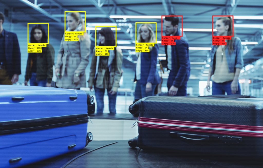 Facial Recognition System at the Airport. People waiting for luggage.