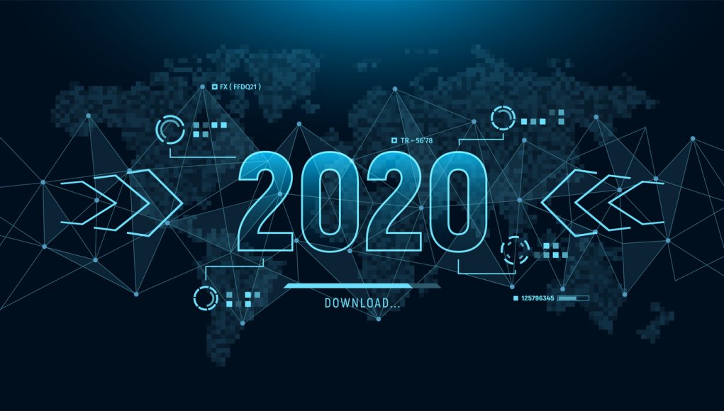 Modern futuristic template for 2020 on background with polygons connection structure and world map in pixels. Digital data visualization. Business technology concept.