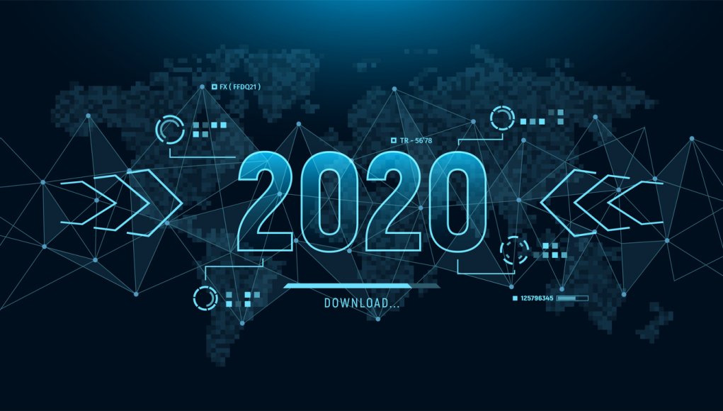 Modern futuristic template for 2020 on background with polygons connection structure and world map in pixels. Digital data visualization. Business technology concept.