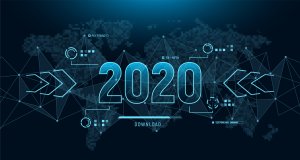 Modern futuristic template for 2020 on background with polygons connection structure and world map in pixels. Digital data visualization. Business technology concept.