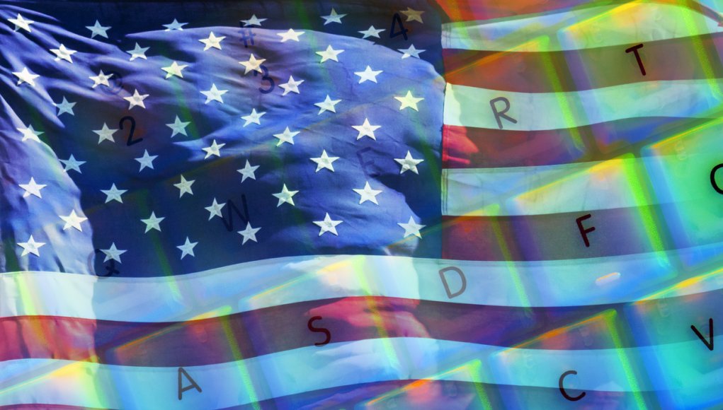 American Flag Overlaid on Colorful Computer Keyboard.