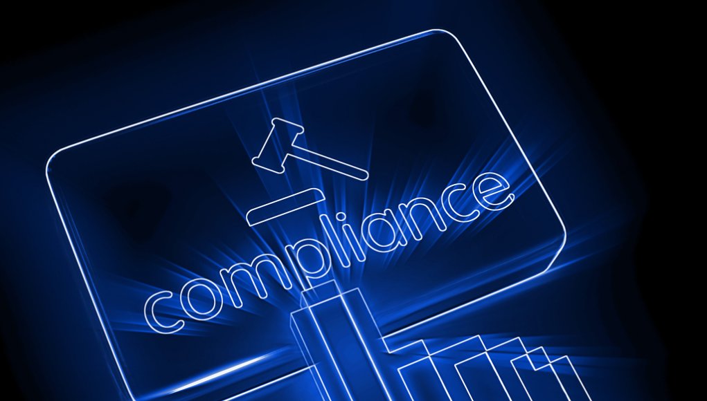 Legal compliance concept, outlined in purple neon against black background
