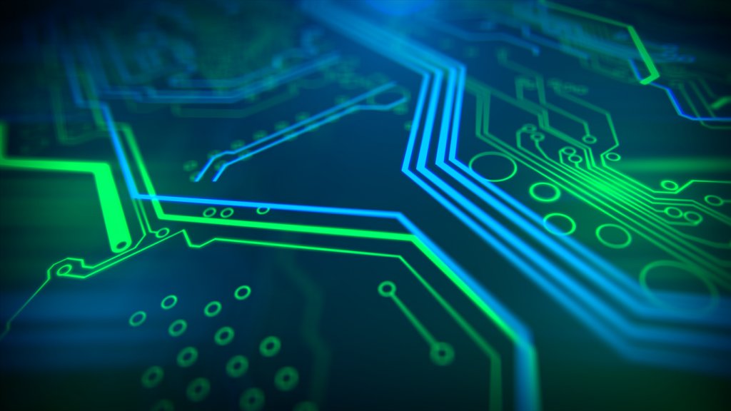 Blue, green background with digital integrated network technology. Printed circuit board. Technology background. 3D illustration.