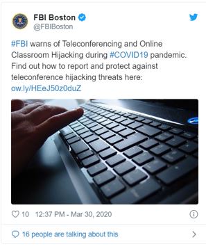 Image of a Tweet from the FBI concerning Zoombombing