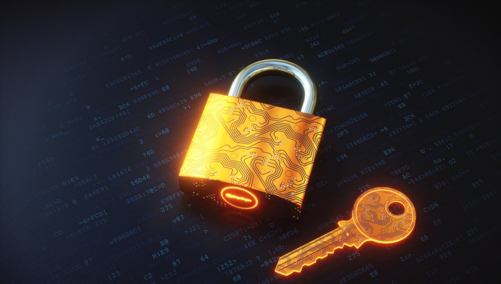 Golden digital padlock and key on encrypted data