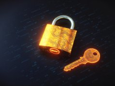 Golden digital padlock and key on encrypted data