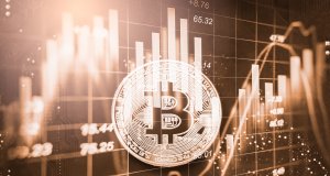 Abstract graphs and charts behind a Bitcoin symbol