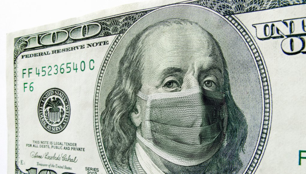 $100 USD bill wearing coronavirus mask