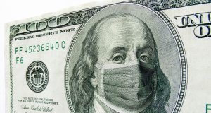 $100 USD bill wearing coronavirus mask