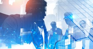 IT professional in abstract digital space