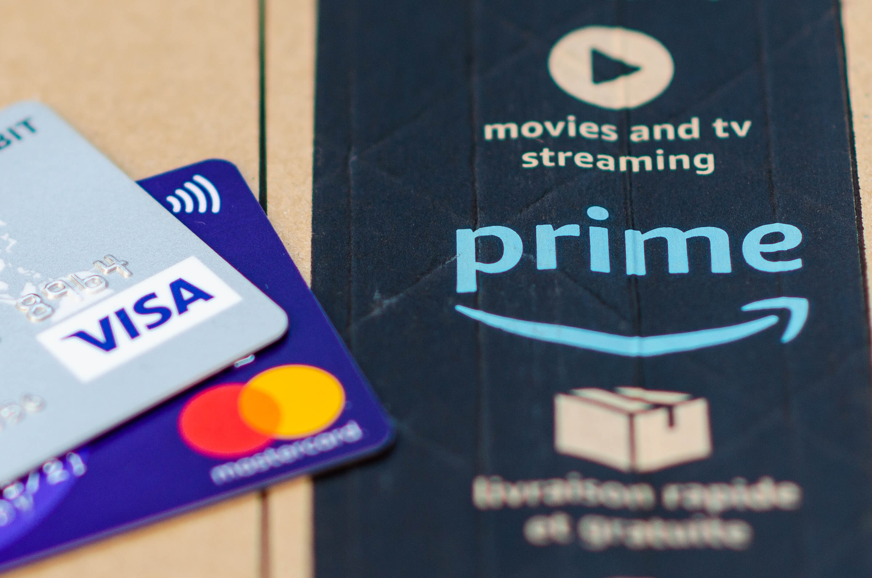 Amazon Prime, cardboard box and visa card